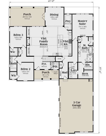 3BR, 2.5BA main level with vaulted family room, kitchen island, pantry, mudroom, laundry, 3-car garage, and porches. House Plan # 009-00377 Main Floor Floor Plan Drawing by America's Best House Plans, Inc.