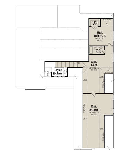 Optional upper level with loft, bonus room, bedroom, bath, WIC, and foyer-below view. House Plan # 009-00377 Optional Second Floor Floor Plan Drawing by America's Best House Plans, Inc.