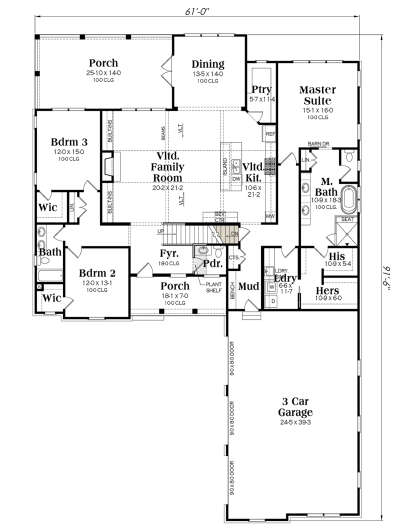 Main floor with 3BR, 2.5BA, vaulted family room, kitchen island, mudroom, 3-car garage, and basement stairs. House Plan # 009-00377 Main Floor w/ Basement Stairs Location Floor Plan Drawing by America's Best House Plans, Inc.