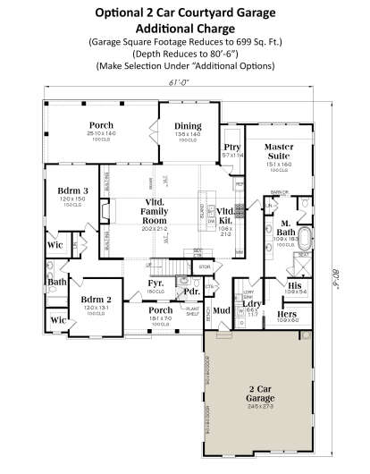Main floor with 3BR, 2.5BA, vaulted family room, kitchen island, mudroom, 2-car garage, and porches. House Plan # 009-00377 Main Floor w/ Optional 2 Car Garage Floor Plan Drawing by America's Best House Plans, Inc.
