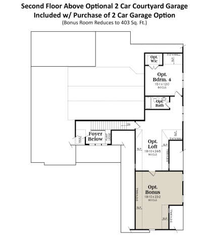 Optional upper level with loft, bonus room, bedroom, bath, WIC, and foyer-below view for 2-car garage plan. House Plan # 009-00377 Second Floor w/ Optional 2 Car Garage Floor Plan Drawing by America's Best House Plans, Inc.