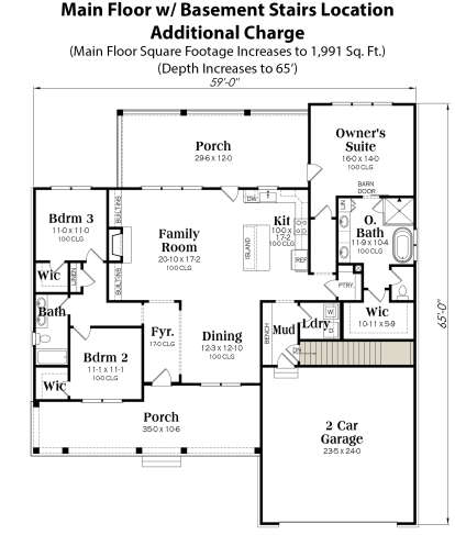 Main Floor w/ Basement Stairs Location for House Plan #009-00381