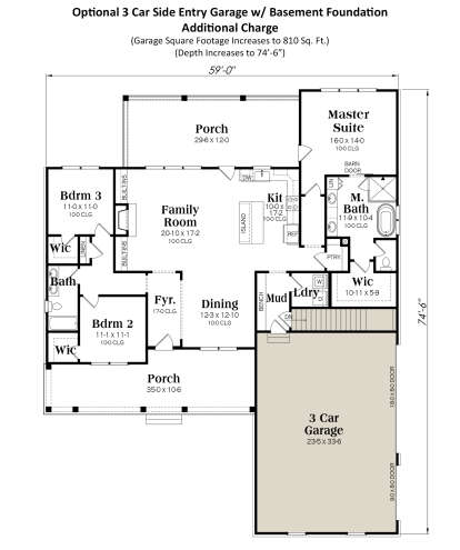 Basement Foundation w/ Optional 3 Car Garage for House Plan #009-00381