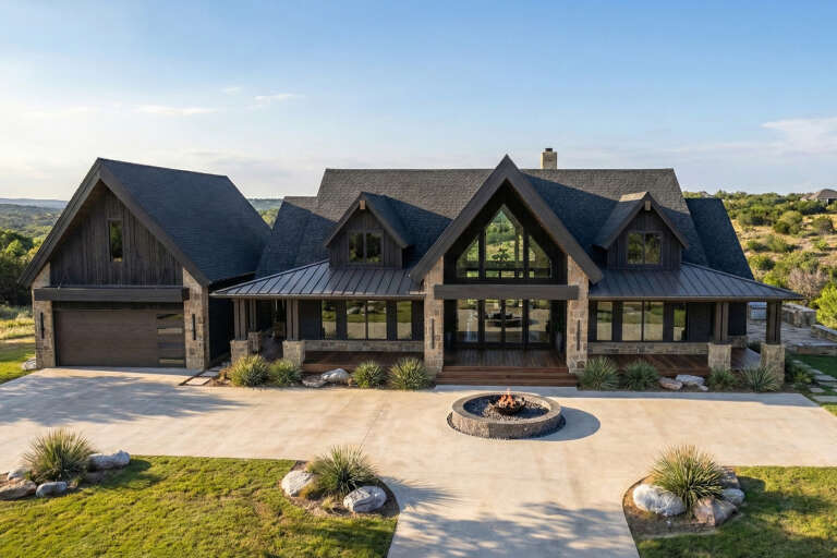 Dark brown Modern Transitional, Front Elevation, board-and-batten siding, stone accents, metal roof, fire pit, landscaping. House Plan # 963-00856 Digital Rendering by America's Best House Plans, Inc.