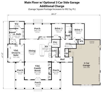 Main Floor w/ 3 Car Side Garage Option for House Plan #009-00383