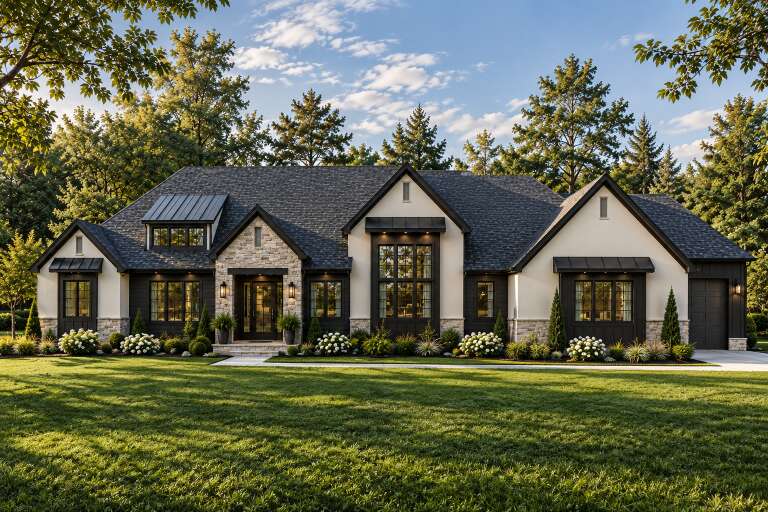 Cream Modern Transitional, Front Elevation with stone and dark siding, metal roof accents, lush landscaping, and lanterns. House Plan # 1958-00032 Digital Rendering by America's Best House Plans, Inc.