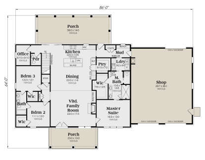Main floor with 3 beds, 2.5 baths, office, kitchen, dining, family room, pantry, laundry, mudroom, and shop. House Plan # 009-00387 Main Floor Floor Plan Drawing by America's Best House Plans, Inc.
