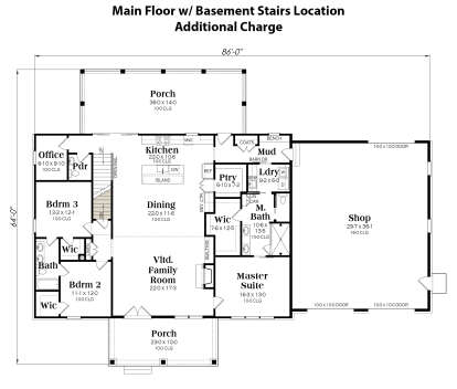 Main floor layout including basement stairs location. House Plan # 009-00387 Main Floor w/ Basement Stairs Location Floor Plan Drawing by America's Best House Plans, Inc.