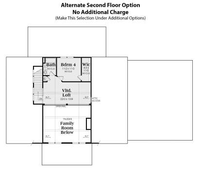 Alternate second floor with 1 bed, 1 bath, vaulted loft, and open-to-below area. House Plan # 009-00387 Alternate Second Floor Option Floor Plan Drawing by America's Best House Plans, Inc.