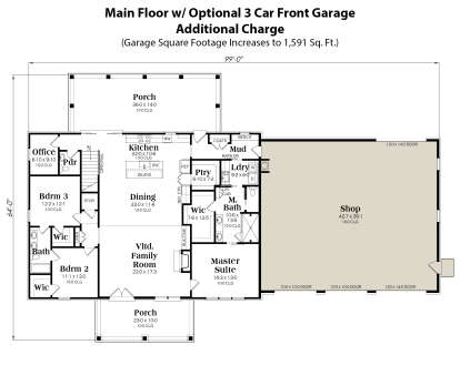 Main floor with optional 3-car front garage. House Plan # 009-00387 Main Floor w/ Optional 3 Car Garage Floor Plan Drawing by America's Best House Plans, Inc.