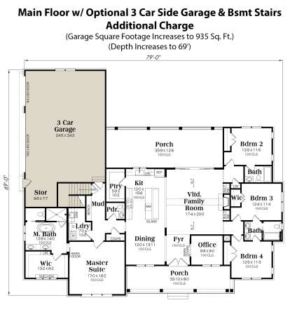 Basement Foundation w/ Optional 3 Car Garage for House Plan #009-00388