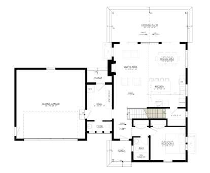 Main Floor w/ Basement Stairs: 1BR, 1.5BA, Vaulted Living/Kitchen/Dining, Mud, 2-car garage, 2 Porches, Covered Patio. House Plan # 8937-00007 Main Floor w/ Basement Stairs Location Floor Plan Drawing by America's Best House Plans, Inc.