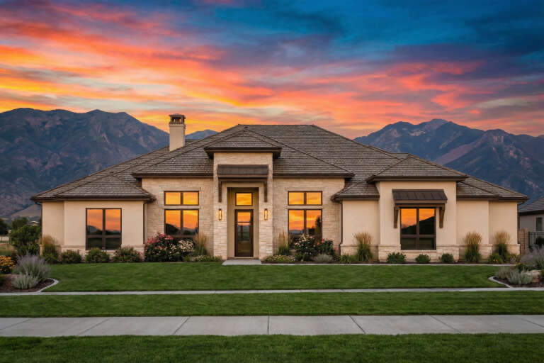 House Plan House Plan #30677 Front Elevation at Dusk