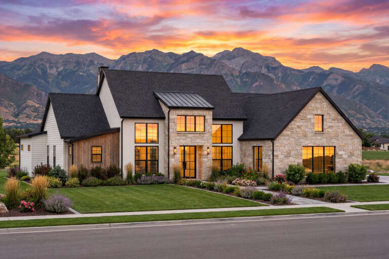 House Plan House Plan #30686 Angled Front Elevation at Dusk