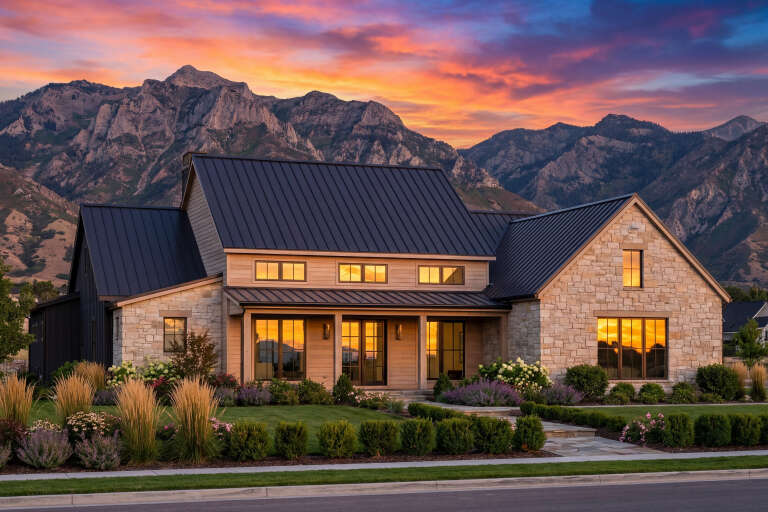 House Plan House Plan #30687 Angled Front Elevation at Dusk