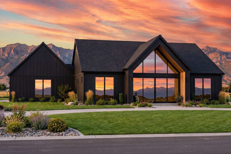 House Plan House Plan #30692 Angled Front Elevation at Dusk