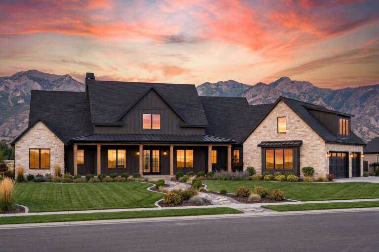 House Plan House Plan #30693 Angled Front Elevation at Dusk