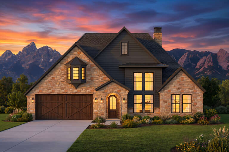 House Plan House Plan #30695 Front Elevation at Dusk