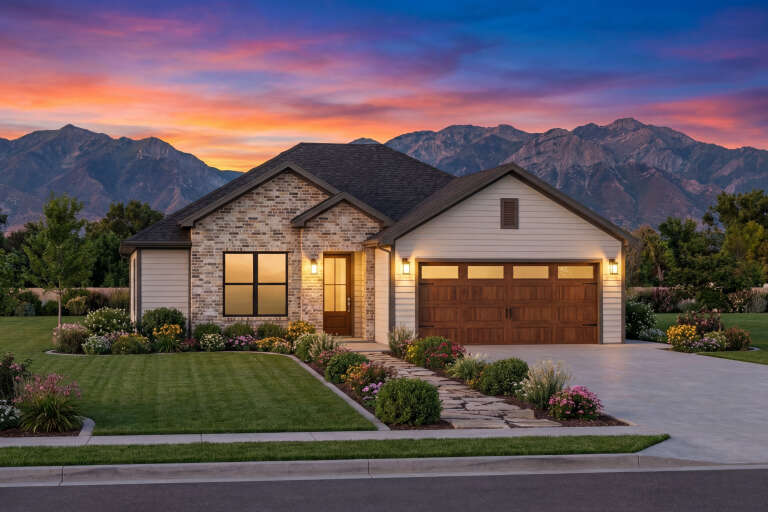 House Plan House Plan #30696 Angled Front Elevation at Dusk