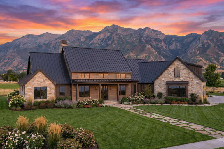 House Plan House Plan #30697 Angled Front Elevation at Dusk