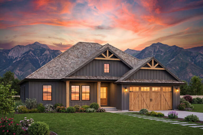 House Plan House Plan #30722 Angled Front Elevation at Dusk