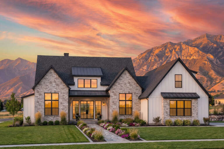 House Plan House Plan #30724 Angled Front Elevation at Dusk