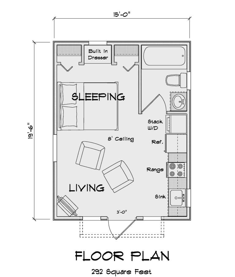Cottage Plan - 292 Square Feet, 1 Bedroom, 1 Bathroom | Floor Plan ...