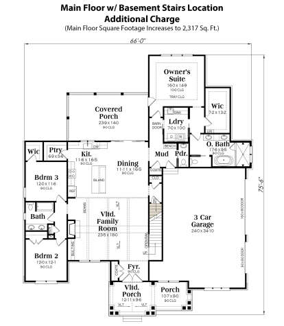 Main Floor w/ Basement Stairs Location for House Plan #009-00395