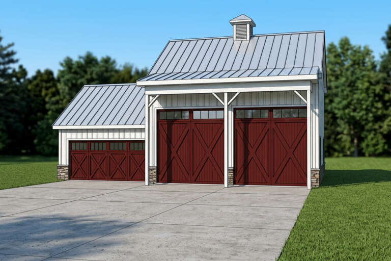 White Barn, Angled Front Elevation, vertical board-and-batten siding, red carriage doors, stone base, metal roof, cupola. House Plan # 3290-00003 Digital Rendering by America's Best House Plans, Inc.