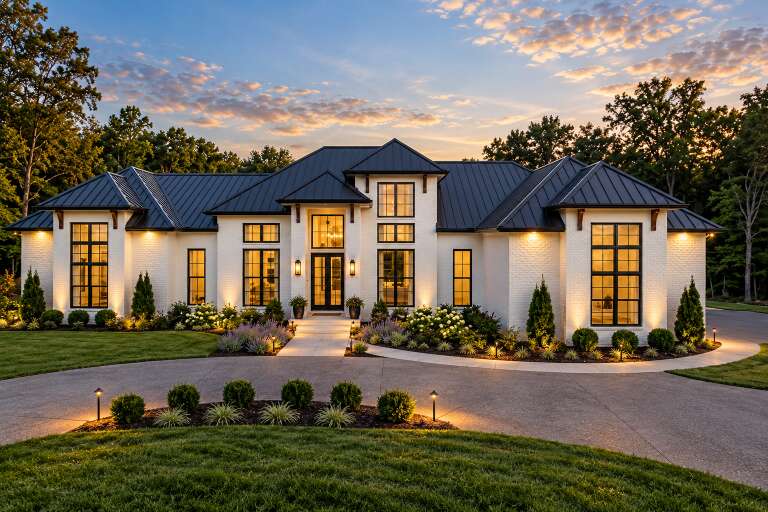 Front view of a white house in Modern Transitional style, black metal roof, large windows, and illuminated landscaping. House Plan # 6849-00161