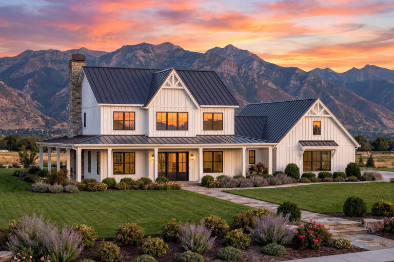 House Plan House Plan #30899 Angled Front Elevation at Dusk