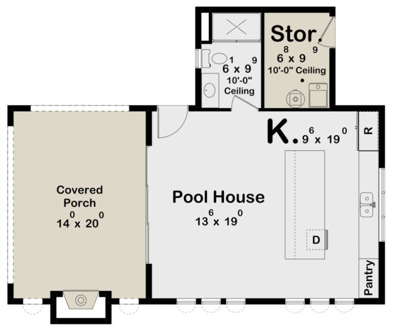 Mediterranean Pool House Plan - 547 Square Feet, 1 Bathroom | Floor ...
