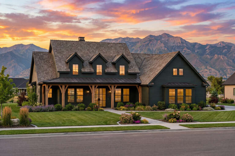 House Plan House Plan #30906 Angled Front Elevation at Dusk