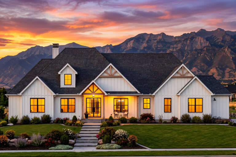 House Plan House Plan #30910 Front Elevation at Dusk