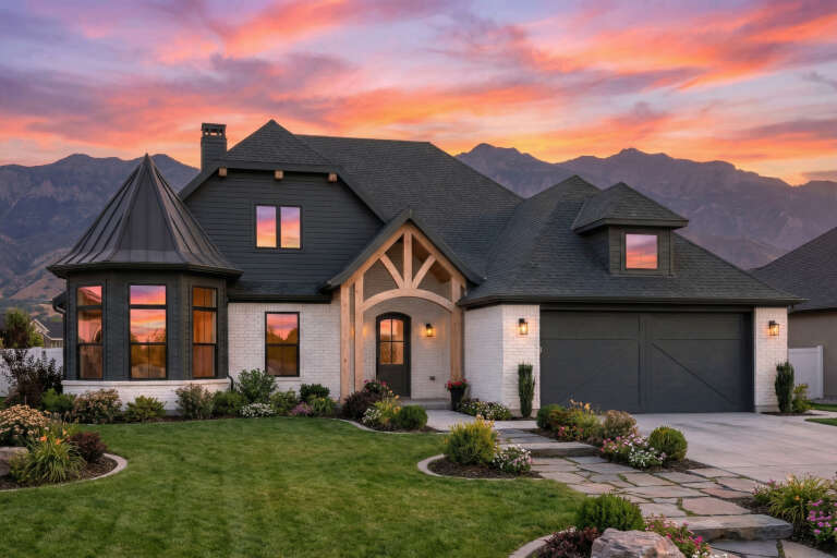 House Plan House Plan #30935 Angled Front Elevation at Dusk