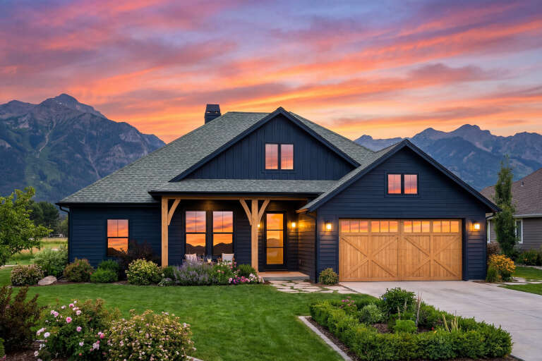 House Plan House Plan #30938 Angled Front Elevation at Dusk