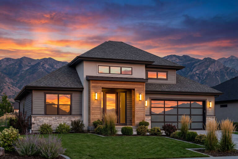 House Plan House Plan #30941 Angled Front Elevation at Dusk