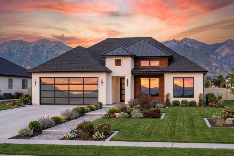 House Plan House Plan #30953 Angled Front Elevation at Dusk