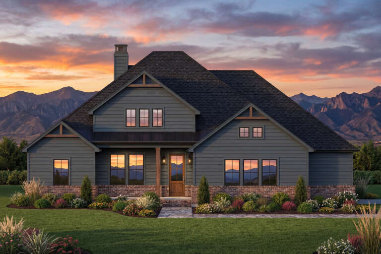 House Plan House Plan #30989 Front Elevation at Dusk