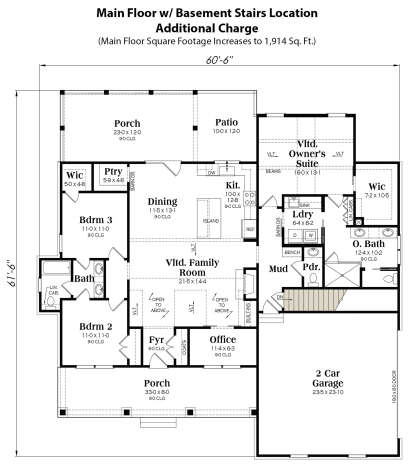 Main Floor w/ Basement Stairs Location for House Plan #009-00398