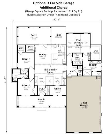 Optional 3 Car Side Garage for House Plan #009-00398