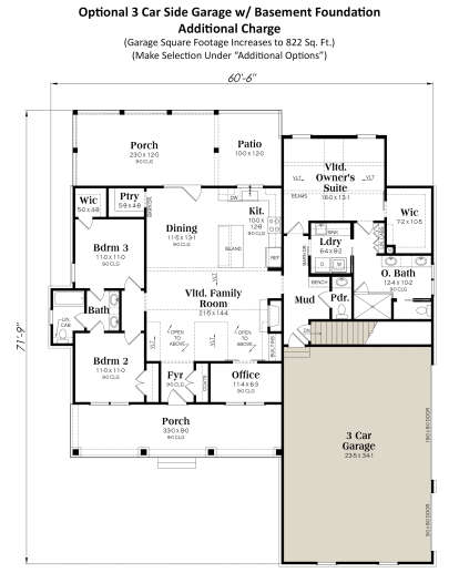 Optional 3 Car Side Garage w/ Basement Foundation for House Plan #009-00398
