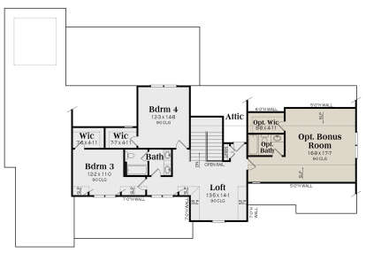 Upper level with 2 beds, bath, loft, attic, and optional bonus room. House Plan # 009-00400 Second Floor Floor Plan Drawing by America's Best House Plans, Inc.
