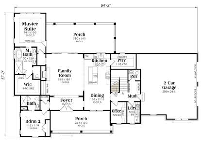 Main floor with 2 beds, 2.5 baths, open kitchen, family room, office, and basement stairs. House Plan # 009-00400 Main Floor w/ Basement Stairs Location Floor Plan Drawing by America's Best House Plans, Inc.