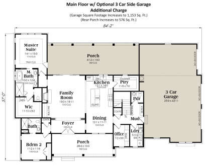 Main floor with 2 beds, 2.5 baths, open kitchen, family room, office, and optional 3-car garage. House Plan # 009-00400 Main Floor w/ Optional 3 Car Garage Floor Plan Drawing by America's Best House Plans, Inc.
