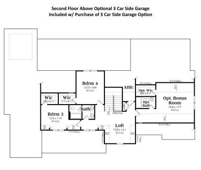 Upper level with 2 beds, bath, loft, and optional bonus room above 3-car garage. House Plan # 009-00400 Second Floor Above Optional 3 Car Garage Floor Plan Drawing by America's Best House Plans, Inc.