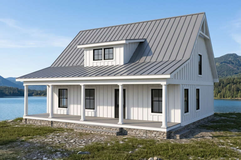 White Country, Angled Front Elevation with metal roof, board-and-batten siding, stone base, and wrap-around porch. House Plan # 3290-00008 Digital Rendering by America's Best House Plans, Inc.