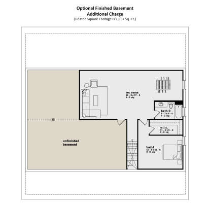 Basement: 1BR, 1BA, Rec Room, WIC, stairs, unfinished area. 1,037 sq. ft. heated. 9' ceilings. House Plan # 7174-00026 Basement Floor Plan Drawing by America's Best House Plans, Inc.