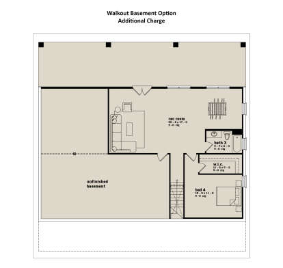Walkout Basement: 1BR, 1BA, Rec Room, WIC, Stairs, Unfinished area. 9ft ceilings. Unheated: unfinished basement area. House Plan # 7174-00026 Walkout Basement  Floor Plan Drawing by America's Best House Plans, Inc.