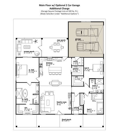 Main Floor w/ Optional 2 Car Garage: 3BR, 2BA, vaulted Kitchen/Family, Pantry, WIC, Ldry, Screen/Front Porch, 2-car garage. House Plan # 7174-00026 Main Floor w/ Optional 2 Car Garage Floor Plan Drawing by America's Best House Plans, Inc.
